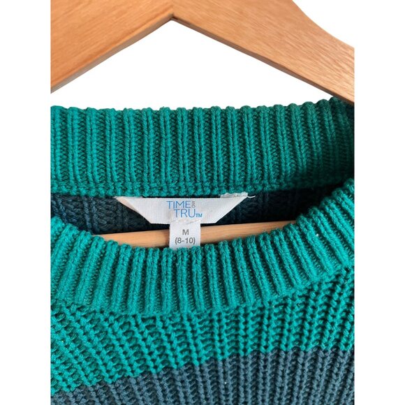 Time & Tru Blue Green Striped Knit Sweater Women's Size M Crewneck Top - Picture 2 of 4